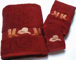 Kellsson Linens Embroidered Towels Boots & Hat Garnet