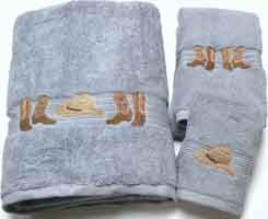 Kellsson Linens Embroidered Towels Boots & Hat Smoke