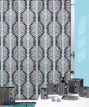 Mediterranean inspired mosaic tile in muted jewel tones are printed on 100% polyester-taffeta shower curtain